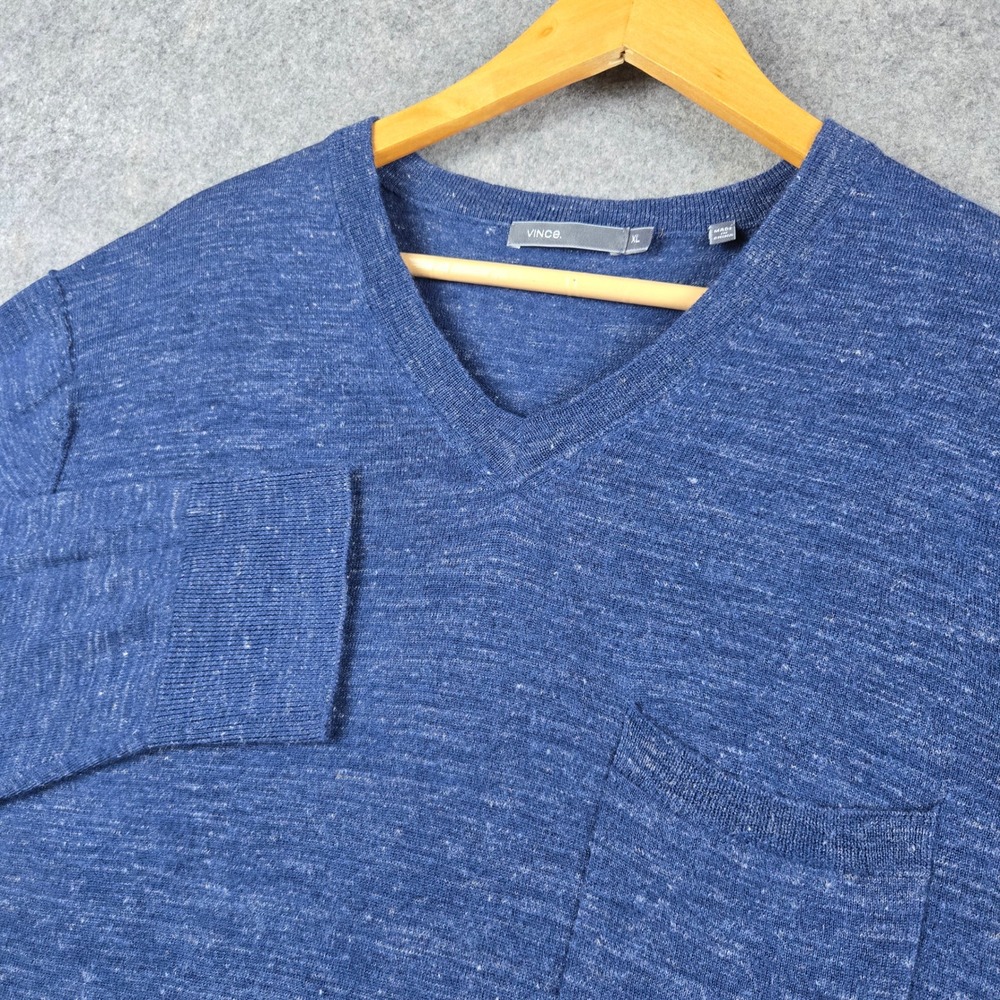 Vince Sweater Mens XL Blue Wool Linen V-Neck Pocket Pullover Minimalist Classic